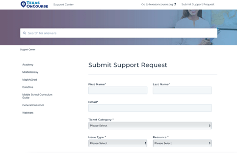 Screen Shot of Texas OnCourse Support Form